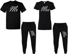 Load image into Gallery viewer, Mr and Mrs shirts and jogger pants, matching top and bottom set, Black t shirts, men joggers, shirt and jogger pants women. Matching couple joggers