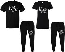 Load image into Gallery viewer, Mr and Mrs shirts and jogger pants, matching top and bottom set, Black t shirts, men joggers, shirt and jogger pants women. Matching couple joggers