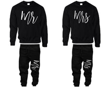 Load image into Gallery viewer, Mr and Mrs top and bottom sets. Black sweatshirt and sweatpants set for men, sweater and jogger pants for women.