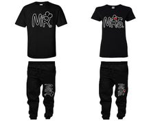 Load image into Gallery viewer, Mr Mrs shirts, matching top and bottom set, Black t shirts, men joggers, shirt and jogger pants women. Matching couple joggers