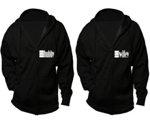 Load image into Gallery viewer, Hubby and Wifey zipper hoodies, Matching couple hoodies, Black zip up hoodie for man, Black zip up hoodie womens