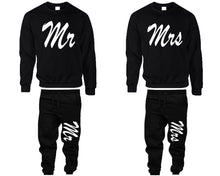 Load image into Gallery viewer, Mr and Mrs top and bottom sets. Black sweatshirt and sweatpants set for men, sweater and jogger pants for women.