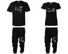 將圖片載入圖庫檢視器 King and Queen shirts and jogger pants, matching top and bottom set, Black t shirts, men joggers, shirt and jogger pants women. Matching couple joggers