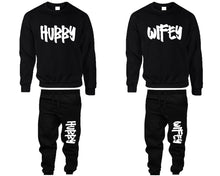將圖片載入圖庫檢視器 Hubby and Wifey top and bottom sets. Black sweatshirt and sweatpants set for men, sweater and jogger pants for women.