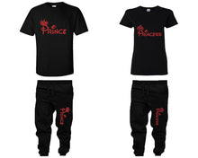 將圖片載入圖庫檢視器 Prince and Princess shirts and jogger pants, matching top and bottom set, Black t shirts, men joggers, shirt and jogger pants women. Matching couple joggers