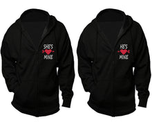 Load image into Gallery viewer, She's Mine and He's Mine zipper hoodies, Matching couple hoodies, Black zip up hoodie for man, Black zip up hoodie womens