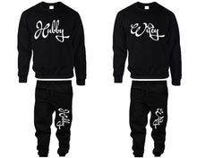 將圖片載入圖庫檢視器 Hubby and Wifey top and bottom sets. Black sweatshirt and sweatpants set for men, sweater and jogger pants for women.