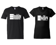 Load image into Gallery viewer, Hubby and Wifey matching couple v-neck shirts.Couple shirts, Black v neck t shirts for men, v neck t shirts women. Couple matching shirts.