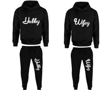 Load image into Gallery viewer, Hubby and Wifey matching top and bottom set, Black pullover hoodie and sweatpants sets for mens, pullover hoodie and jogger set womens. Matching couple joggers.