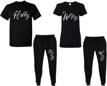 Load image into Gallery viewer, Hubby and Wifey shirts and jogger pants, matching top and bottom set, Black t shirts, men joggers, shirt and jogger pants women. Matching couple joggers