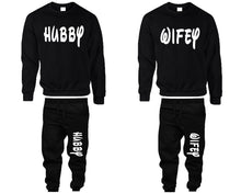 將圖片載入圖庫檢視器 Hubby and Wifey top and bottom sets. Black sweatshirt and sweatpants set for men, sweater and jogger pants for women.
