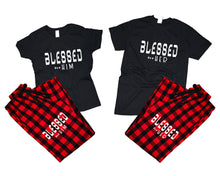 Load image into Gallery viewer, Blessed for Her and Blessed for Him matching couple top bottom sets.Couple shirts, Buffalo Red_Black flannel pants for men, flannel pants for women. Couple matching shirts.
