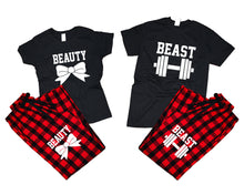 Load image into Gallery viewer, Beast and Beauty matching couple top bottom sets.Couple shirts, Buffalo Red_Black flannel pants for men, flannel pants for women. Couple matching shirts.