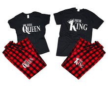 Load image into Gallery viewer, Her King and His Queen matching couple top bottom sets.Couple shirts, Buffalo Red_Black flannel pants for men, flannel pants for women. Couple matching shirts.