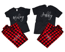 Load image into Gallery viewer, Hubby and Wifey matching couple top bottom sets.Couple shirts, Buffalo Red_Black flannel pants for men, flannel pants for women. Couple matching shirts.