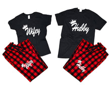 Load image into Gallery viewer, Hubby and Wifey matching couple top bottom sets.Couple shirts, Buffalo Red_Black flannel pants for men, flannel pants for women. Couple matching shirts.