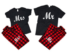 Load image into Gallery viewer, Mr and Mrs matching couple top bottom sets.Couple shirts, Buffalo Red_Black flannel pants for men, flannel pants for women. Couple matching shirts.