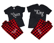 Load image into Gallery viewer, Her King and His Queen matching couple top bottom sets.Couple shirts, Buffalo Red_Black flannel pants for men, flannel pants for women. Couple matching shirts.