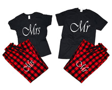 Load image into Gallery viewer, Mr and Mrs matching couple top bottom sets.Couple shirts, Buffalo Red_Black flannel pants for men, flannel pants for women. Couple matching shirts.