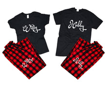 Load image into Gallery viewer, Hubby and Wifey matching couple top bottom sets.Couple shirts, Buffalo Red_Black flannel pants for men, flannel pants for women. Couple matching shirts.