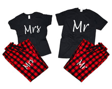 Load image into Gallery viewer, Mr and Mrs matching couple top bottom sets.Couple shirts, Buffalo Red_Black flannel pants for men, flannel pants for women. Couple matching shirts.