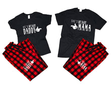 Load image into Gallery viewer, She's My Baby Mama and He's My Baby Daddy matching couple top bottom sets.Couple shirts, Buffalo Red_Black flannel pants for men, flannel pants for women. Couple matching shirts.