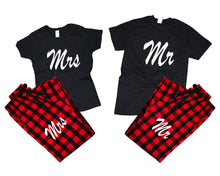Load image into Gallery viewer, Mr and Mrs matching couple top bottom sets.Couple shirts, Buffalo Red_Black flannel pants for men, flannel pants for women. Couple matching shirts.
