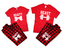 Load image into Gallery viewer, Beast and Beauty matching couple top bottom sets.Couple shirts, Buffalo Red_Red flannel pants for men, flannel pants for women. Couple matching shirts.
