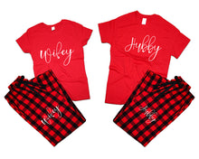 Load image into Gallery viewer, Hubby and Wifey matching couple top bottom sets.Couple shirts, Buffalo Red_Red flannel pants for men, flannel pants for women. Couple matching shirts.