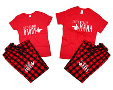 Load image into Gallery viewer, She's My Baby Mama and He's My Baby Daddy matching couple top bottom sets.Couple shirts, Buffalo Red_Red flannel pants for men, flannel pants for women. Couple matching shirts.