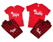 Load image into Gallery viewer, Hubby and Wifey matching couple top bottom sets.Couple shirts, Buffalo Red_Red flannel pants for men, flannel pants for women. Couple matching shirts.