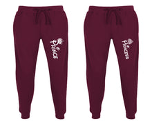 Load image into Gallery viewer, Prince and Princess matching jogger pants, Burgundy sweatpants for mens, jogger set womens. Matching couple joggers.