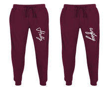 Load image into Gallery viewer, Hubby and Wifey matching jogger pants, Burgundy sweatpants for mens, jogger set womens. Matching couple joggers.