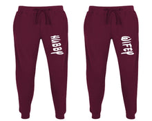 Load image into Gallery viewer, Hubby and Wifey matching jogger pants, Burgundy sweatpants for mens, jogger set womens. Matching couple joggers.