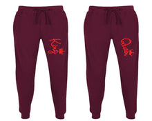 Load image into Gallery viewer, King and Queen matching jogger pants, Burgundy sweatpants for mens, jogger set womens. Matching couple joggers.