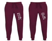 Load image into Gallery viewer, Her King and His Queen matching jogger pants, Burgundy sweatpants for mens, jogger set womens. Matching couple joggers.