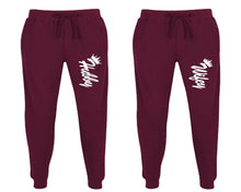 Load image into Gallery viewer, Hubby and Wifey matching jogger pants, Burgundy sweatpants for mens, jogger set womens. Matching couple joggers.