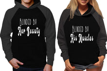 Load image into Gallery viewer, Blinded by Her Beauty and Blinded by His Muscles raglan hoodies, Matching couple hoodies, Charcoal Black his and hers man and woman contrast raglan hoodies
