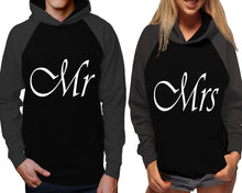 Load image into Gallery viewer, Mr and Mrs raglan hoodies, Matching couple hoodies, Charcoal Black his and hers man and woman contrast raglan hoodies