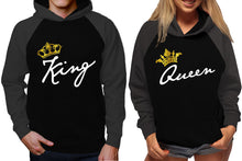 將圖片載入圖庫檢視器 King and Queen raglan hoodies, Matching couple hoodies, Charcoal Black King Queen design on man and woman hoodies