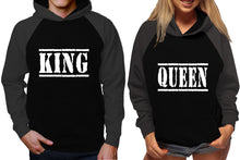 將圖片載入圖庫檢視器 King and Queen raglan hoodies, Matching couple hoodies, Charcoal Black King Queen design on man and woman hoodies