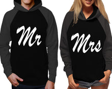 Load image into Gallery viewer, Mr and Mrs raglan hoodies, Matching couple hoodies, Charcoal Black his and hers man and woman contrast raglan hoodies