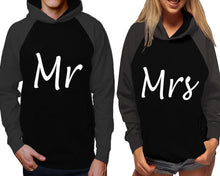 Load image into Gallery viewer, Mr and Mrs raglan hoodies, Matching couple hoodies, Charcoal Black his and hers man and woman contrast raglan hoodies