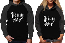 Load image into Gallery viewer, She's My Number 1 and He's My Number 1 raglan hoodies, Matching couple hoodies, Charcoal Black his and hers man and woman contrast raglan hoodies