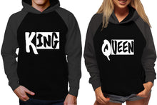 將圖片載入圖庫檢視器 King and Queen raglan hoodies, Matching couple hoodies, Charcoal Black King Queen design on man and woman hoodies
