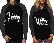 Load image into Gallery viewer, Hubby and Wifey raglan hoodies, Matching couple hoodies, Charcoal Black his and hers man and woman contrast raglan hoodies