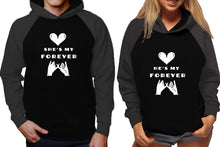 Load image into Gallery viewer, She's My Forever and He's My Forever raglan hoodies, Matching couple hoodies, Charcoal Black his and hers man and woman contrast raglan hoodies
