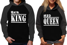 Load image into Gallery viewer, Her King and His Queen raglan hoodies, Matching couple hoodies, Charcoal Black King Queen design on man and woman hoodies
