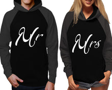 Load image into Gallery viewer, Mr and Mrs raglan hoodies, Matching couple hoodies, Charcoal Black his and hers man and woman contrast raglan hoodies