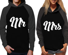 Load image into Gallery viewer, Mr and Mrs raglan hoodies, Matching couple hoodies, Charcoal Black his and hers man and woman contrast raglan hoodies